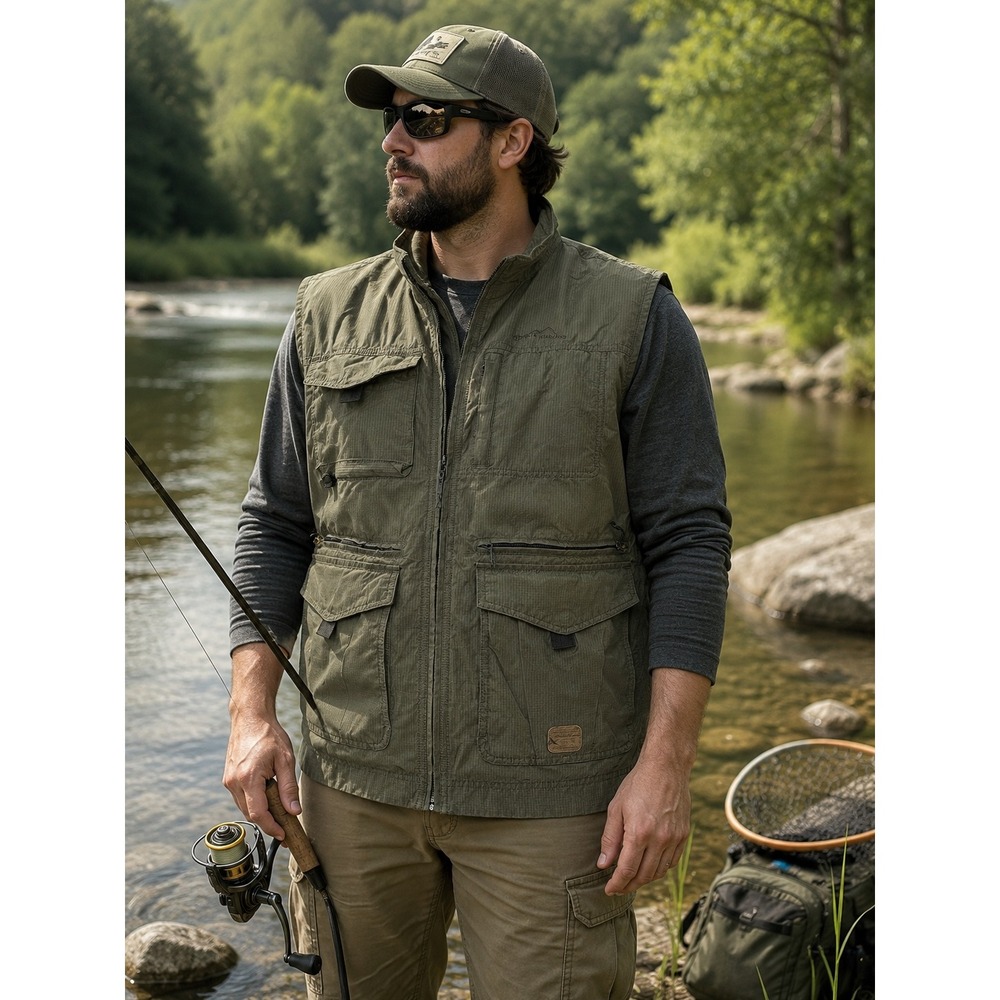 Eddie Bauer Vest Mens Large Tall‎ Green Utility Fishing Safari Outdoor Cargo Y2K